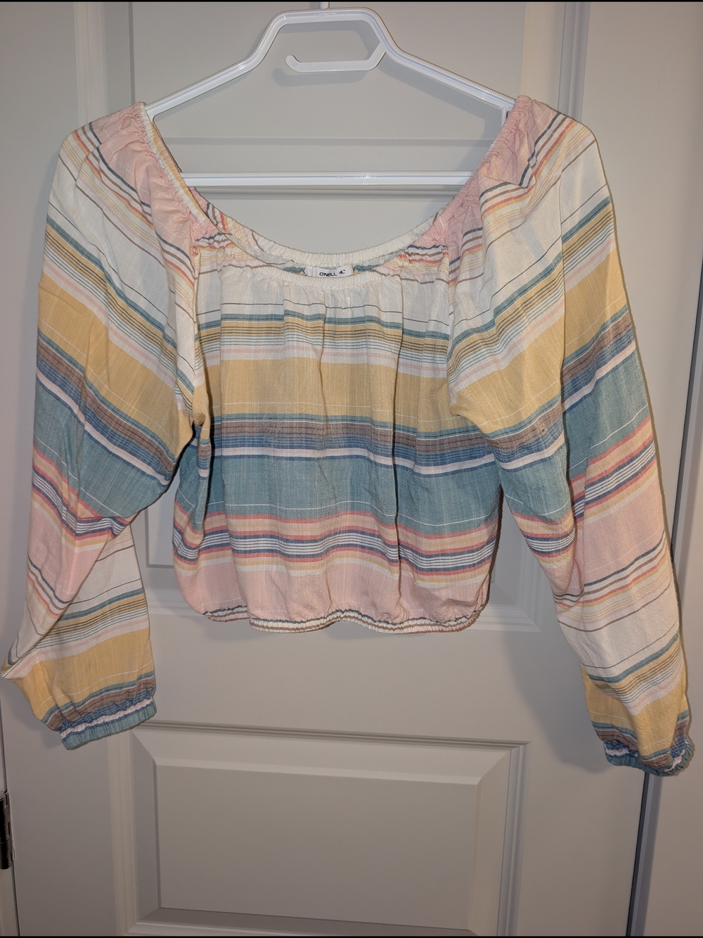 O'Neill Striped Off-Shoulder Crop Top in Pastel Yellow, Blue & Pink